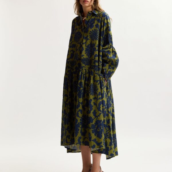 Essentiel Antwerp Green And Dark Blue Floral Print Shirt Dress With Pleated Waist - Essentiel Antwerp Dresses - Colorful Belgian Design - Shop at Coveti