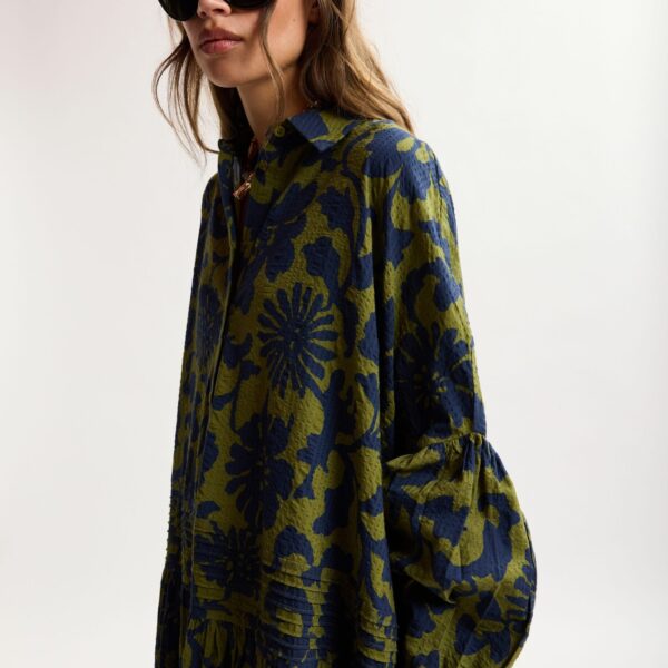 Essentiel Antwerp Green And Dark Blue Floral Print Shirt Dress With Pleated Waist - Essentiel Antwerp Dresses - Colorful Belgian Design - Shop at Coveti