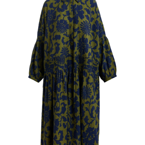 Essentiel Antwerp Green And Dark Blue Floral Print Shirt Dress With Pleated Waist - Essentiel Antwerp Dresses - Colorful Belgian Design - Shop at Coveti
