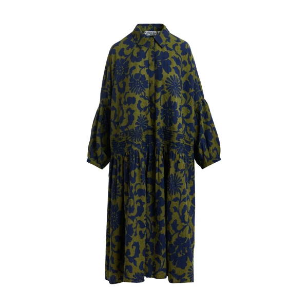 Essentiel Antwerp Green And Dark Blue Floral Print Shirt Dress With Pleated Waist - Essentiel Antwerp Dresses - Colorful Belgian Design - Shop at Coveti