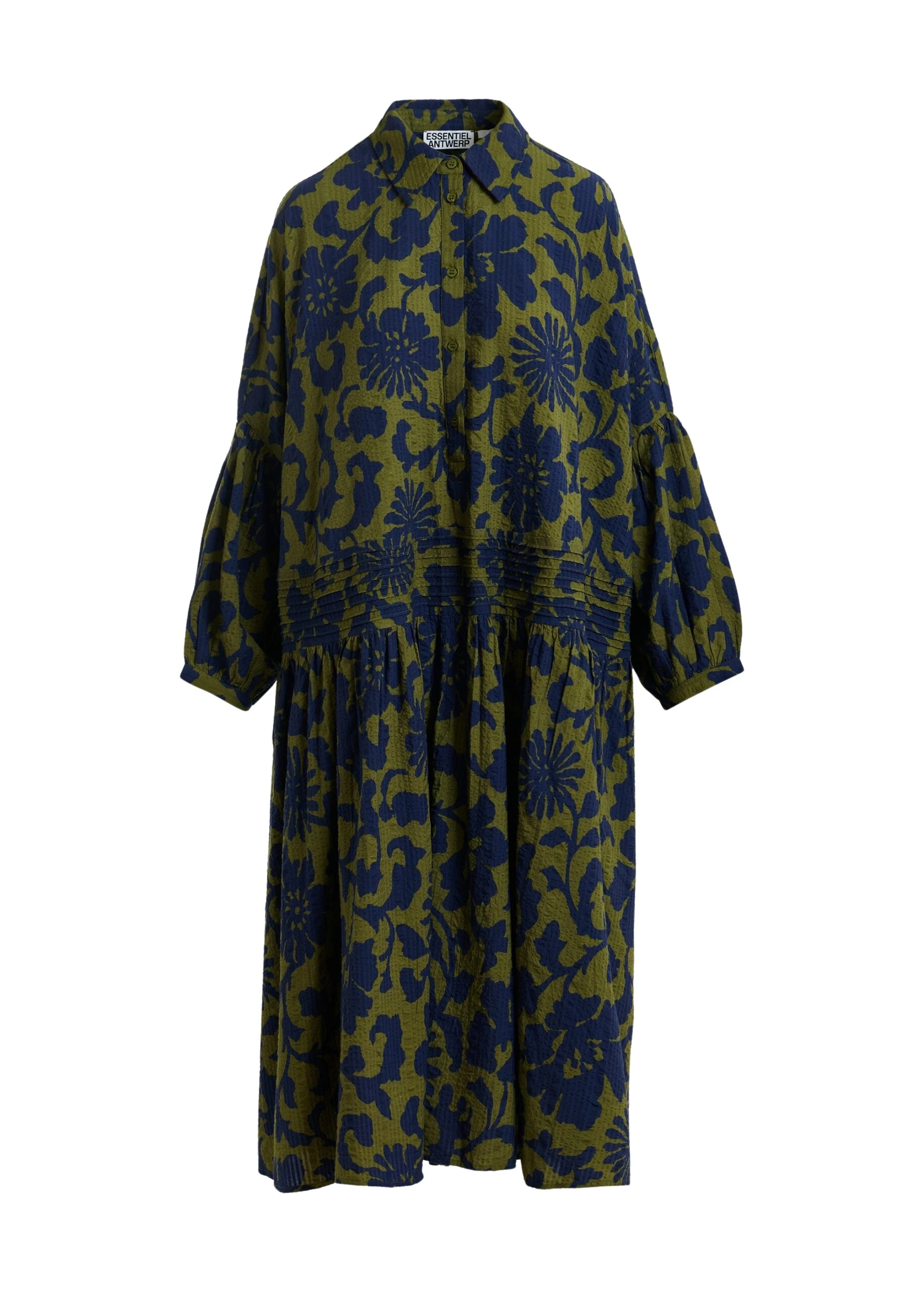 Essentiel Antwerp Green And Dark Blue Floral Print Shirt Dress With Pleated Waist - Essentiel Antwerp Dresses - Colorful Belgian Design - Shop at Coveti