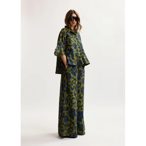 Essentiel Antwerp Green And Dark Blue Peplum Cotton Shirt With Contrasting Collar, view 3