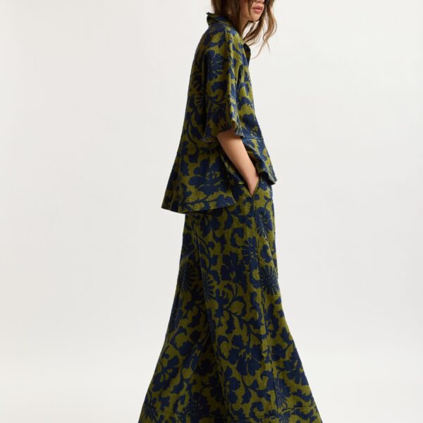 Essentiel Antwerp Green And Dark Blue Peplum Cotton Shirt With Contrasting Collar - Essentiel Antwerp Tops - Colorful Belgian Design - Shop at Coveti