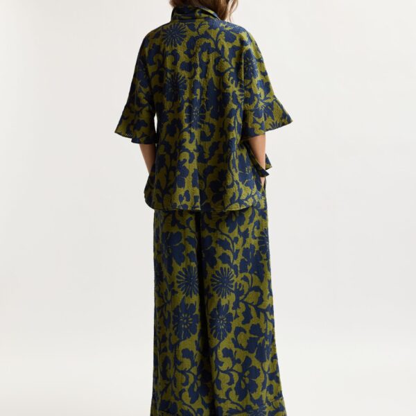 Essentiel Antwerp Green And Dark Blue Peplum Cotton Shirt With Contrasting Collar - Essentiel Antwerp Tops - Colorful Belgian Design - Shop at Coveti