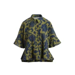 Essentiel Antwerp Green And Dark Blue Peplum Cotton Shirt With Contrasting Collar - Essentiel Antwerp Tops - Colorful Belgian Design - Shop at Coveti