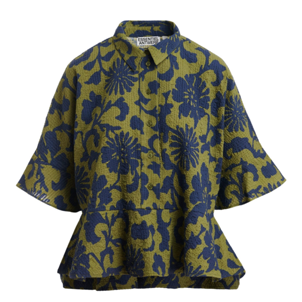 Essentiel Antwerp Green And Dark Blue Peplum Cotton Shirt With Contrasting Collar - Essentiel Antwerp Tops - Colorful Belgian Design - Shop at Coveti