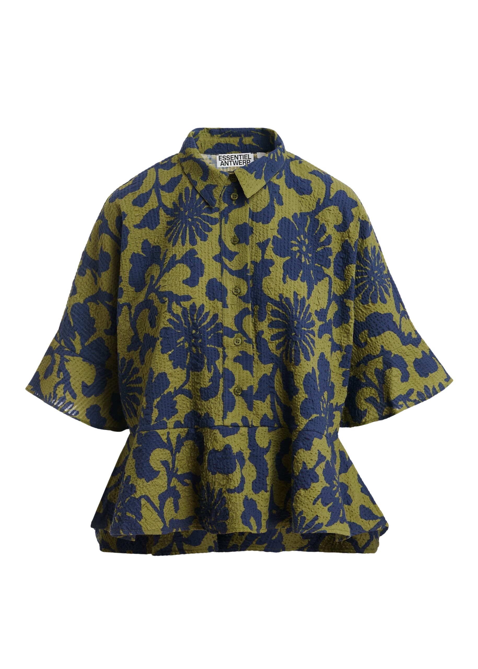Essentiel Antwerp Green And Dark Blue Peplum Cotton Shirt With Contrasting Collar - Essentiel Antwerp Tops - Colorful Belgian Design - Shop at Coveti