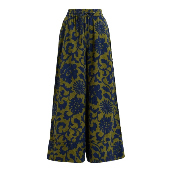 Essentiel Antwerp Green And Dark Blue Wide-Leg Pants With Contrast Stitching - Essentiel Antwerp Pants - Colorful Belgian Design - Shop at Coveti
