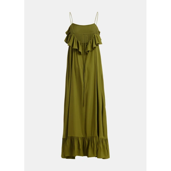 Essentiel Antwerp Green Maxi Dress With Ruffled Neckline And Tie-Back Detail, view 2