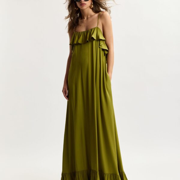 Essentiel Antwerp Green Maxi Dress With Ruffled Neckline And Tie-Back Detail - Essentiel Antwerp Dresses - Colorful Belgian Design - Shop at Coveti