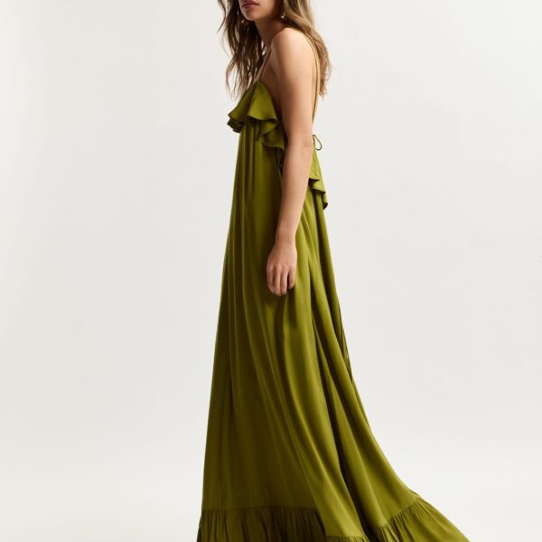 Essentiel Antwerp Green Maxi Dress With Ruffled Neckline And Tie-Back Detail - Essentiel Antwerp Dresses - Colorful Belgian Design - Shop at Coveti