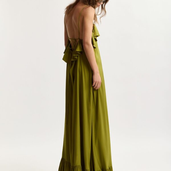 Essentiel Antwerp Green Maxi Dress With Ruffled Neckline And Tie-Back Detail - Essentiel Antwerp Dresses - Colorful Belgian Design - Shop at Coveti