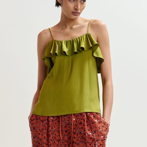 Essentiel Antwerp Green Ruffled Camisole Top With Tie-Back Detail - Essentiel Antwerp Tops - Colorful Belgian Design - Shop at Coveti
