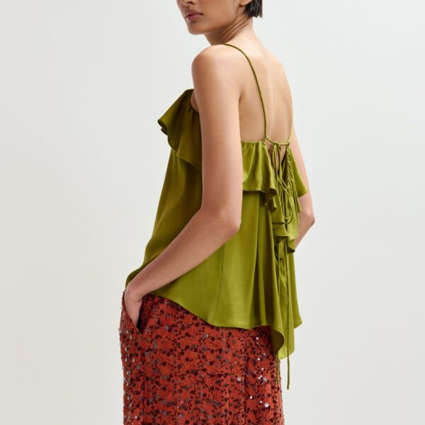 Essentiel Antwerp Green Ruffled Camisole Top With Tie-Back Detail - Essentiel Antwerp Tops - Colorful Belgian Design - Shop at Coveti