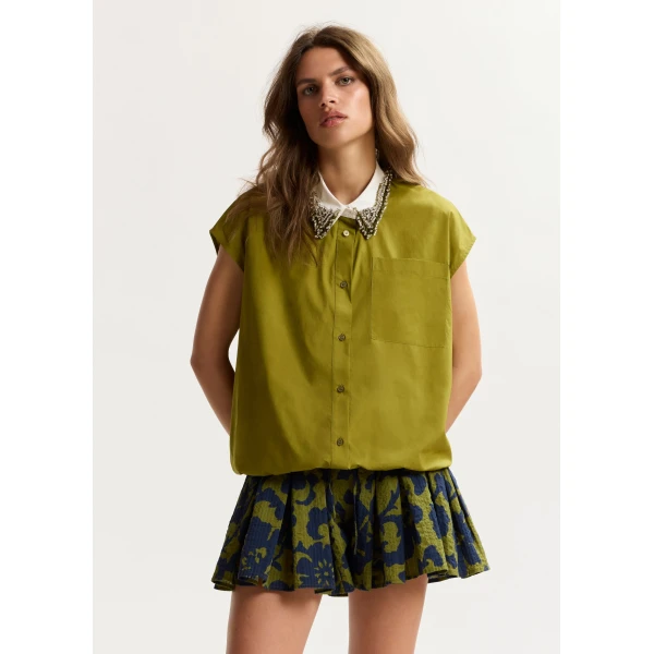 Essentiel Antwerp Green Sleeveless Cotton Shirt With Embellished Collar, view 2