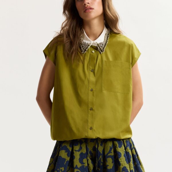 Essentiel Antwerp Green Sleeveless Cotton Shirt With Embellished Collar - Essentiel Antwerp Tops - Colorful Belgian Design - Shop at Coveti