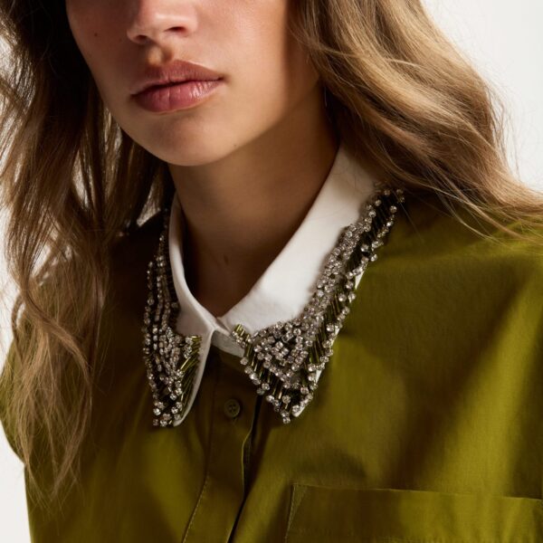 Essentiel Antwerp Green Sleeveless Cotton Shirt With Embellished Collar - Essentiel Antwerp Tops - Colorful Belgian Design - Shop at Coveti