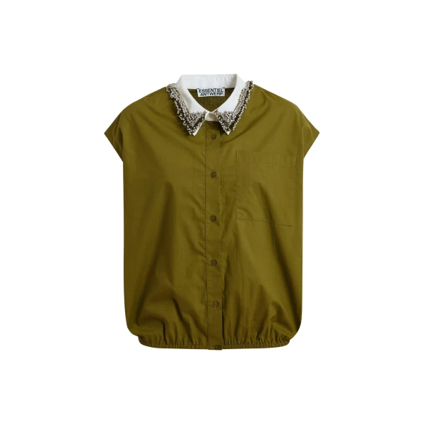 Essentiel Antwerp Green Sleeveless Cotton Shirt With Embellished Collar - Essentiel Antwerp Tops - Colorful Belgian Design - Shop at Coveti
