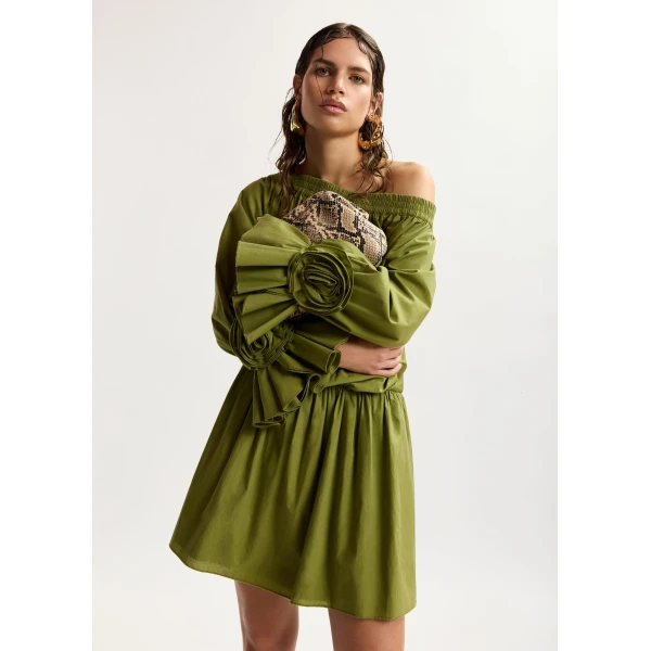 Essentiel Antwerp Green Strapless Cotton Mini Dress With Rosette Details, view 2