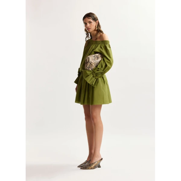 Essentiel Antwerp Green Strapless Cotton Mini Dress With Rosette Details, view 3