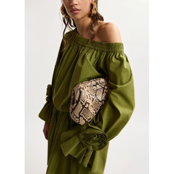 Essentiel Antwerp Green Strapless Cotton Mini Dress With Rosette Details, view 4