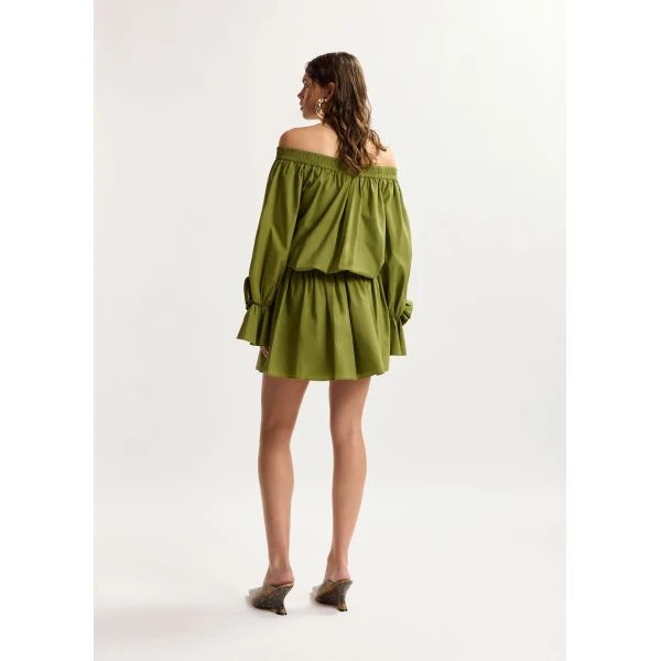 Essentiel Antwerp Green Strapless Cotton Mini Dress With Rosette Details, view 5