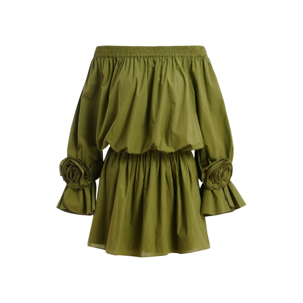 Essentiel Antwerp Green Strapless Cotton Mini Dress With Rosette Details - Essentiel Antwerp Dresses - Colorful Belgian Design - Shop at Coveti