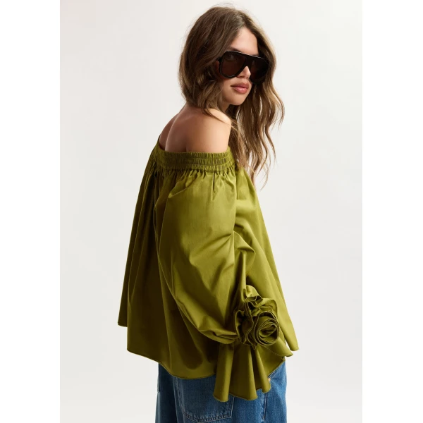 Essentiel Antwerp Green Strapless Cotton Top With Rosette Details, view 2