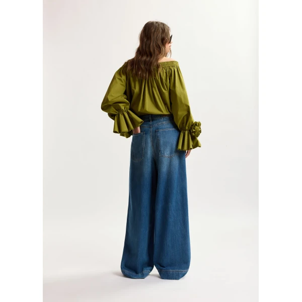 Essentiel Antwerp Green Strapless Cotton Top With Rosette Details, view 5