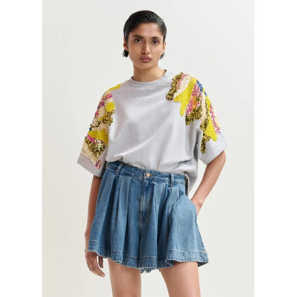 Essentiel Antwerp Grey Cotton Sweatshirt With Multicolor Sequin And Bead Embellishments Knit, view 2