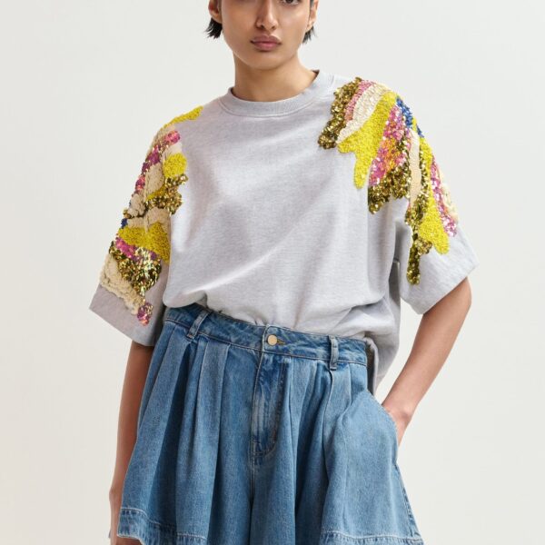 Essentiel Antwerp Grey Cotton Sweatshirt With Multicolor Sequin And Bead Embellishments - Essentiel Antwerp Knitwear - Colorful Belgian Design - Shop at Coveti