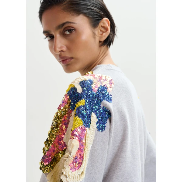 Essentiel Antwerp Grey Cotton Sweatshirt With Multicolor Sequin And Bead Embellishments Knit, view 3