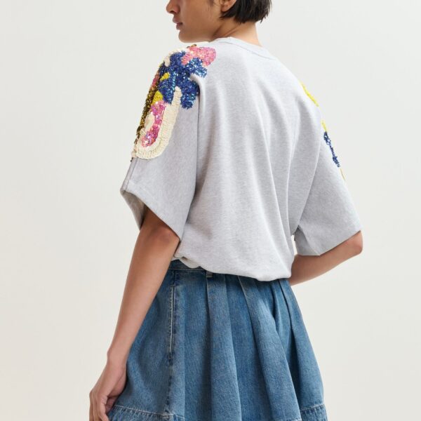 Essentiel Antwerp Grey Cotton Sweatshirt With Multicolor Sequin And Bead Embellishments - Essentiel Antwerp Knitwear - Colorful Belgian Design - Shop at Coveti