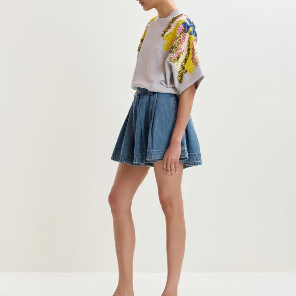 Essentiel Antwerp Grey Cotton Sweatshirt With Multicolor Sequin And Bead Embellishments - Essentiel Antwerp Knitwear - Colorful Belgian Design - Shop at Coveti