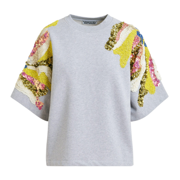Essentiel Antwerp Grey Cotton Sweatshirt With Multicolor Sequin And Bead Embellishments - Essentiel Antwerp Knitwear - Colorful Belgian Design - Shop at Coveti