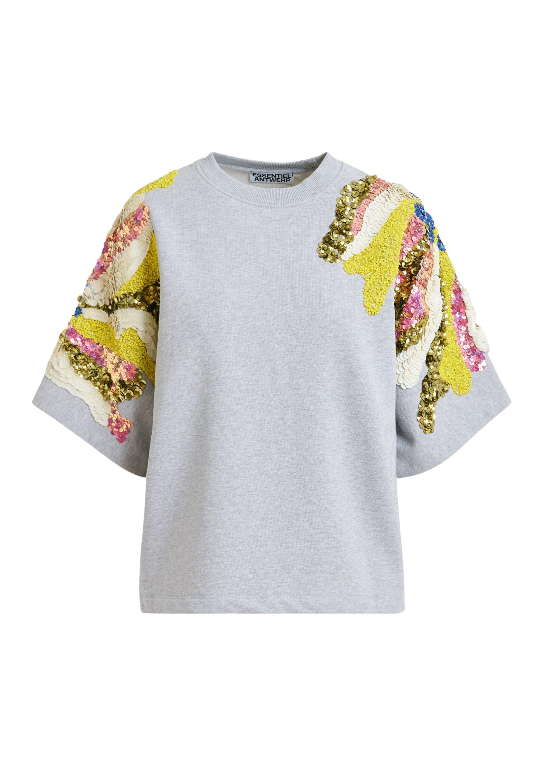 Essentiel Antwerp Grey Cotton Sweatshirt With Multicolor Sequin And Bead Embellishments - Essentiel Antwerp Knitwear - Colorful Belgian Design - Shop at Coveti