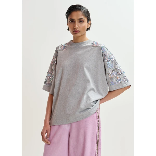 Essentiel Antwerp Grey Cotton T-Shirt With Sequin And Bead Embellishments Top, view 2