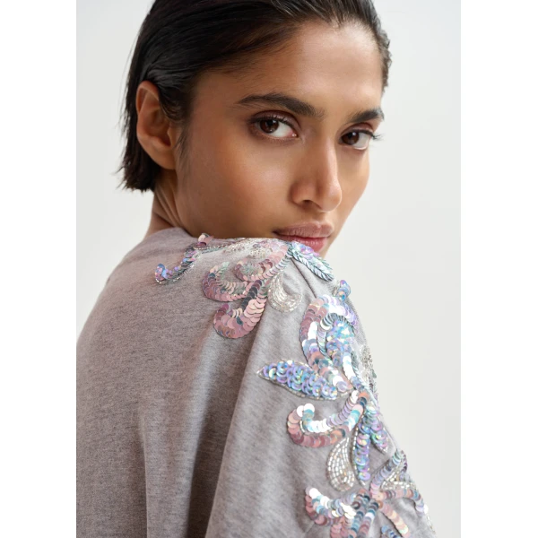 Essentiel Antwerp Grey Cotton T-Shirt With Sequin And Bead Embellishments Top, view 3