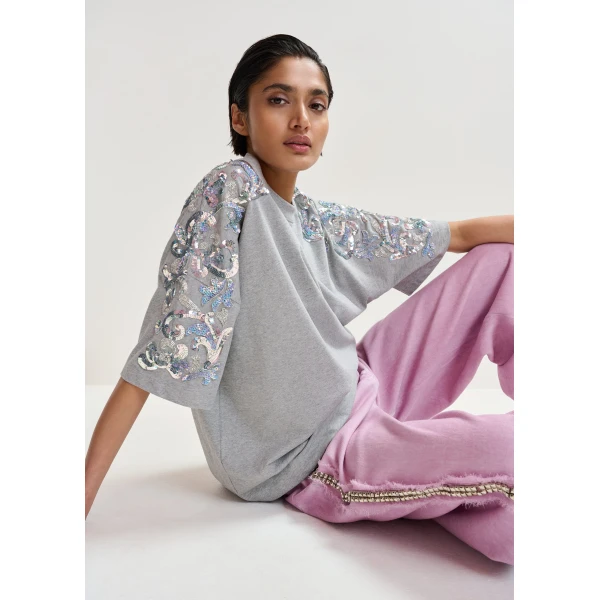 Essentiel Antwerp Grey Cotton T-Shirt With Sequin And Bead Embellishments Top, view 4