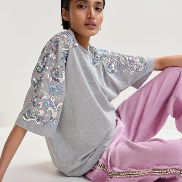 Essentiel Antwerp Grey Cotton T-Shirt With Sequin And Bead Embellishments - Essentiel Antwerp Tops - Colorful Belgian Design - Shop at Coveti