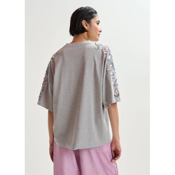 Essentiel Antwerp Grey Cotton T-Shirt With Sequin And Bead Embellishments Top, view 5