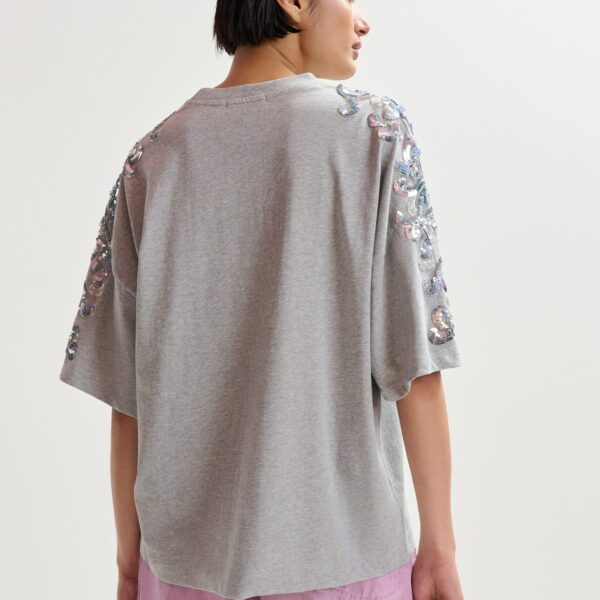 Essentiel Antwerp Grey Cotton T-Shirt With Sequin And Bead Embellishments - Essentiel Antwerp Tops - Colorful Belgian Design - Shop at Coveti