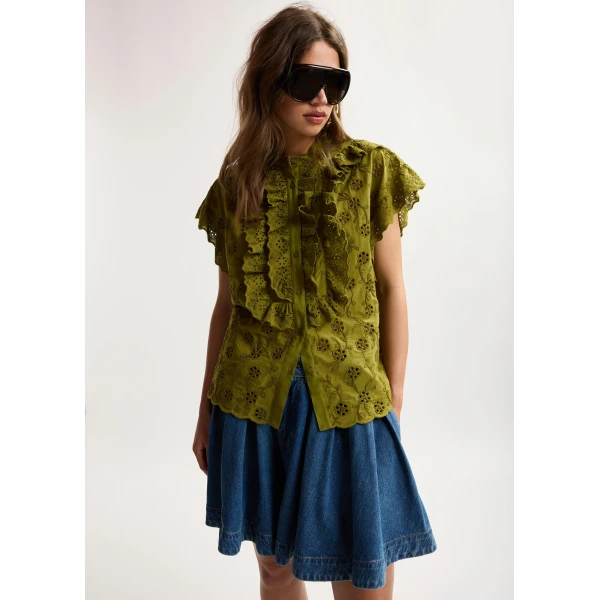 Essentiel Antwerp Khaki Broderie Anglaise Cotton Blouse With Ruffled Trims, view 2