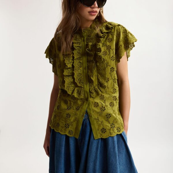 Essentiel Antwerp Khaki Broderie Anglaise Cotton Blouse With Ruffled Trims - Essentiel Antwerp Tops - Colorful Belgian Design - Shop at Coveti