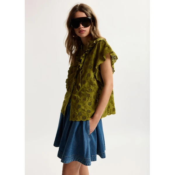 Essentiel Antwerp Khaki Broderie Anglaise Cotton Blouse With Ruffled Trims, view 3