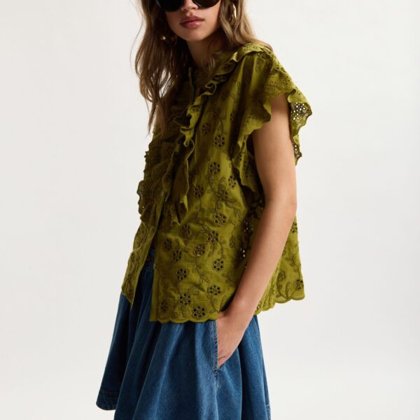 Essentiel Antwerp Khaki Broderie Anglaise Cotton Blouse With Ruffled Trims - Essentiel Antwerp Tops - Colorful Belgian Design - Shop at Coveti