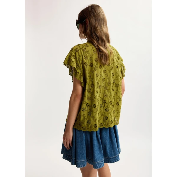 Essentiel Antwerp Khaki Broderie Anglaise Cotton Blouse With Ruffled Trims, view 4