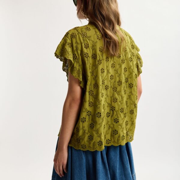 Essentiel Antwerp Khaki Broderie Anglaise Cotton Blouse With Ruffled Trims - Essentiel Antwerp Tops - Colorful Belgian Design - Shop at Coveti