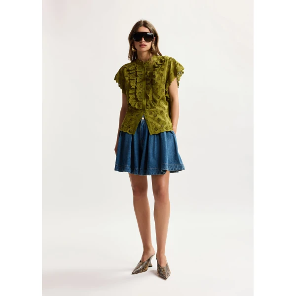 Essentiel Antwerp Khaki Broderie Anglaise Cotton Blouse With Ruffled Trims, view 5