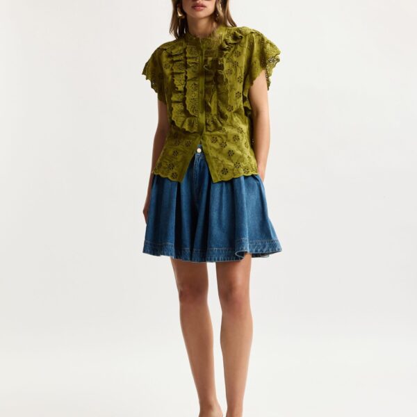 Essentiel Antwerp Khaki Broderie Anglaise Cotton Blouse With Ruffled Trims - Essentiel Antwerp Tops - Colorful Belgian Design - Shop at Coveti